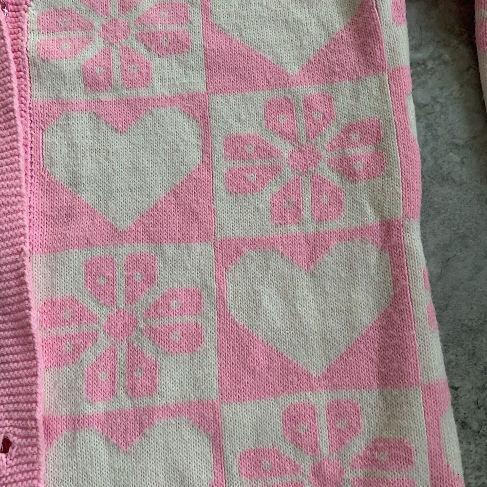 Pink White Block Heart Flower Vintage Cardigan Block Pattern Chest 44 - Picture 3 of 9